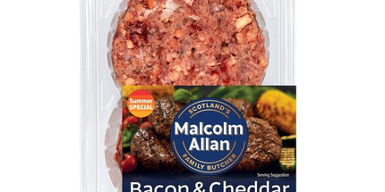 Packaged bacon and cheddar burgers with Malcolm Allan branding on a white background