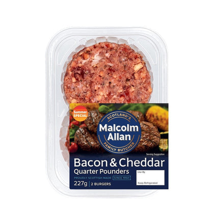 Packaged bacon and cheddar burgers with Malcolm Allan branding on a white background