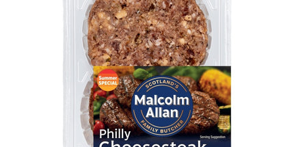Packaged burgers with Malcolm Allan branding on a white background
