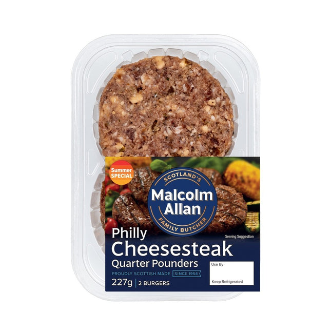 Packaged burgers with Malcolm Allan branding on a white background