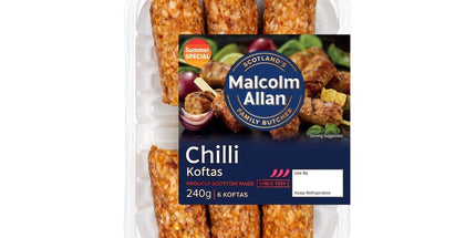 Packaged food items with Malcolm Allan branding on a white background