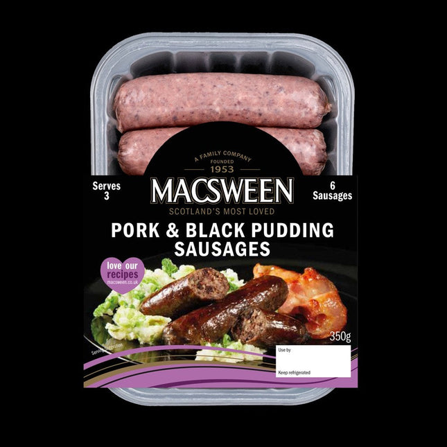 Pack of Macsween pork and black pudding sausages on a black background