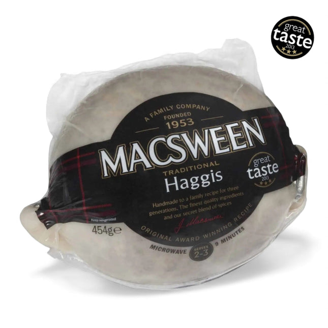 Packaged Macsween Haggis with a visible 'Great Taste' award logo on a white background