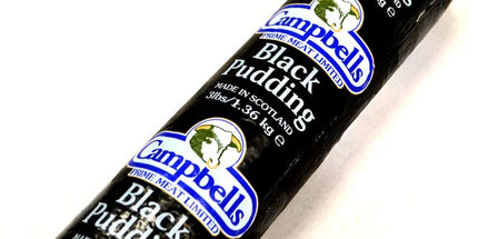 Roll of Campbell's Black Pudding on a white background