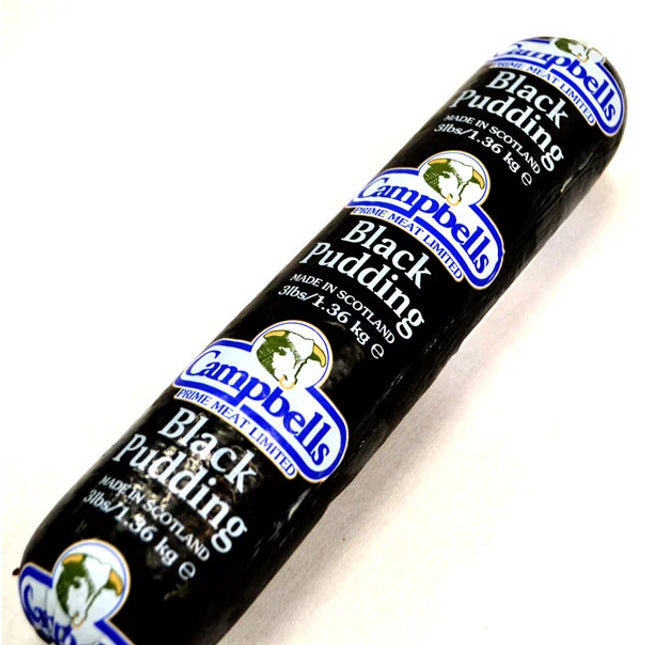Roll of Campbell's Black Pudding on a white background