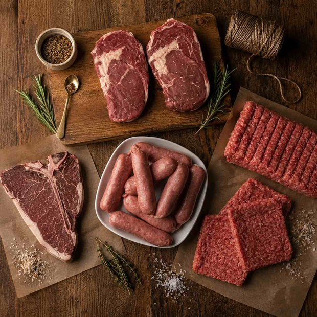 Assorted raw meats including steaks, sausages, and ground beef on a wooden surface with herbs and spices.