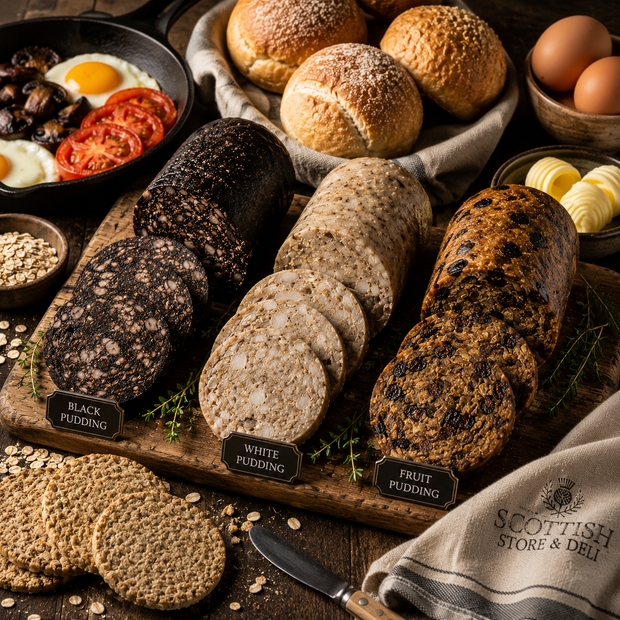 Assorted types of pudding on a wooden board with a Scottish store and deli towel.