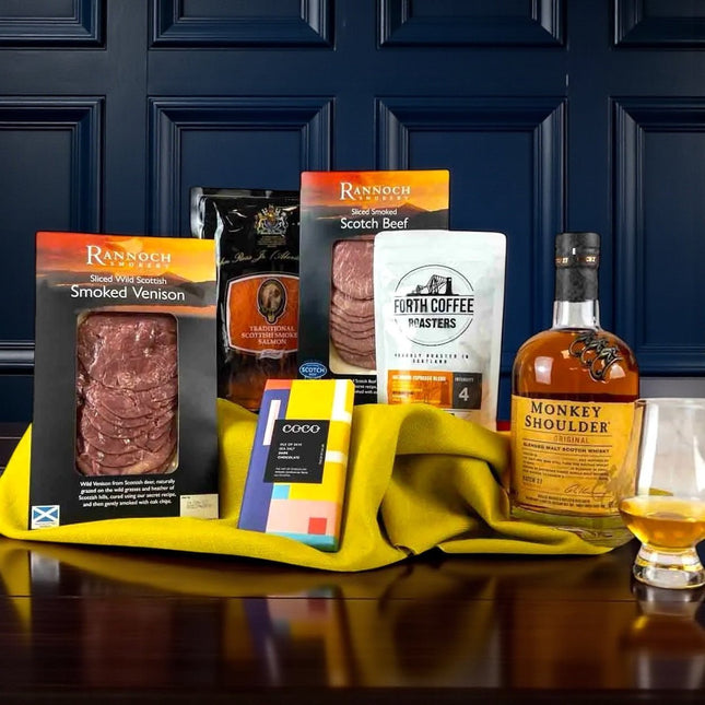 Speyside luxury Scottish hamper with Monkey Shoulder whisky, smoked meats, salmon and artisan treats