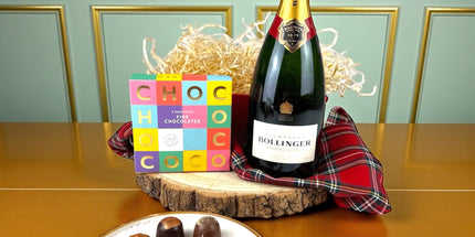 Luxury Champagne and chocolate gift hamper with Bollinger Champagne and artisan chocolate selection box