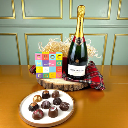 Luxury Champagne and chocolate gift hamper with Bollinger Champagne and artisan chocolate selection box