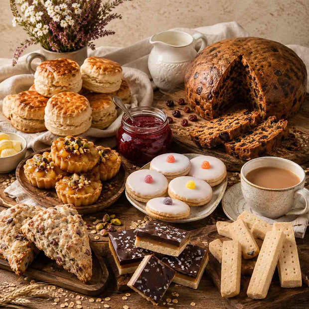 Assorted baked goods including biscuits, scones, and a loaf of bread on a wooden table.