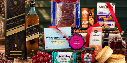 The Double Black Scottish Feast Hamper with Johnnie Walker Double Black Whisky, Scottish cheeses, Scotch pies, oatcakes and sweet treats