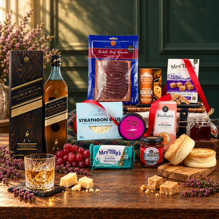 The Double Black Scottish Feast Hamper with Johnnie Walker Double Black Whisky, Scottish cheeses, Scotch pies, oatcakes and sweet treats
