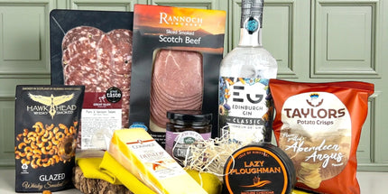 Edinburgh Gin and Snack Gift Hamper with bottle of gin, cheese, salami, crisps and chutney in luxury presentation tray