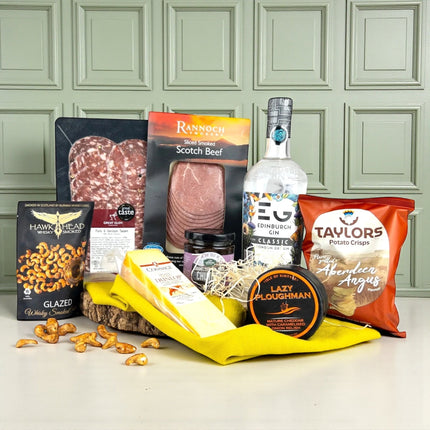 Edinburgh Gin and Snack Gift Hamper with bottle of gin, cheese, salami, crisps and chutney in luxury presentation tray