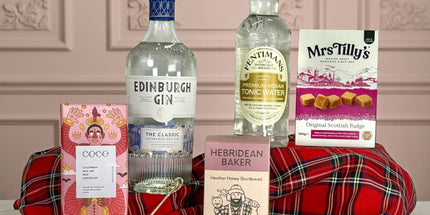 Edinburgh Gin and Chocolate Indulgence Hamper with gin, fudge, chocolate bar and shortbread in luxury gift packaging