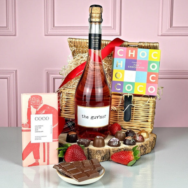 Rosé wine and chocolate gift box with artisan chocolates and The Guv'nor Rosé wine