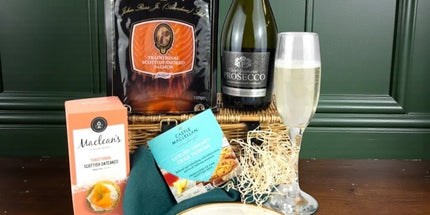 Prosecco and smoked salmon hamper with John Ross Jr salmon, pate and oatcakes in luxury packaging