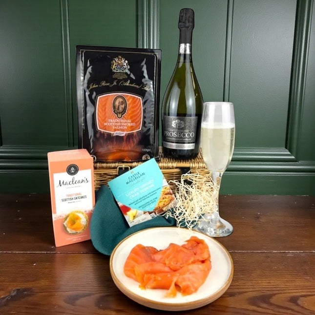 Prosecco and smoked salmon hamper with John Ross Jr salmon, pate and oatcakes in luxury packaging