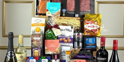 Scottish Grand Gift Hamper with artisan cheeses, smoked salmon, wines, chocolates and traditional Scottish treats in luxury packaging