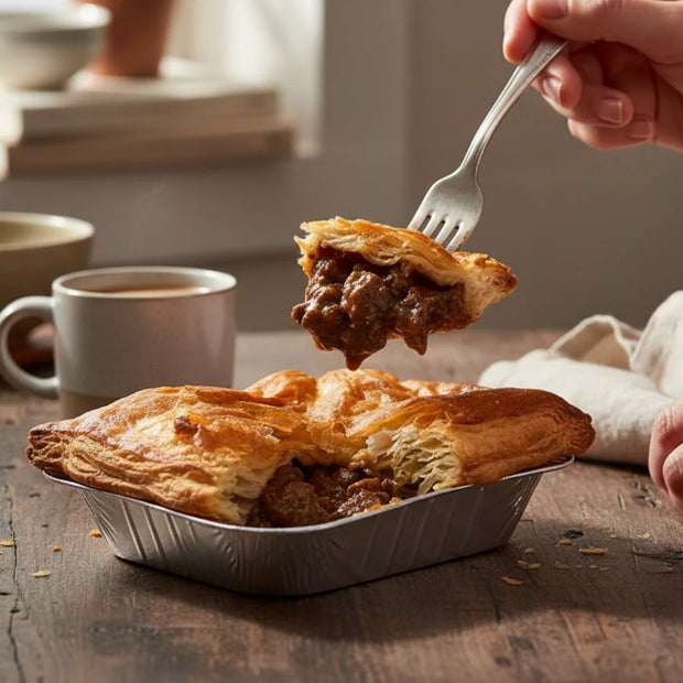 Traditional steak pie with rich gravy and tender beef in a classic Scottish bakery style